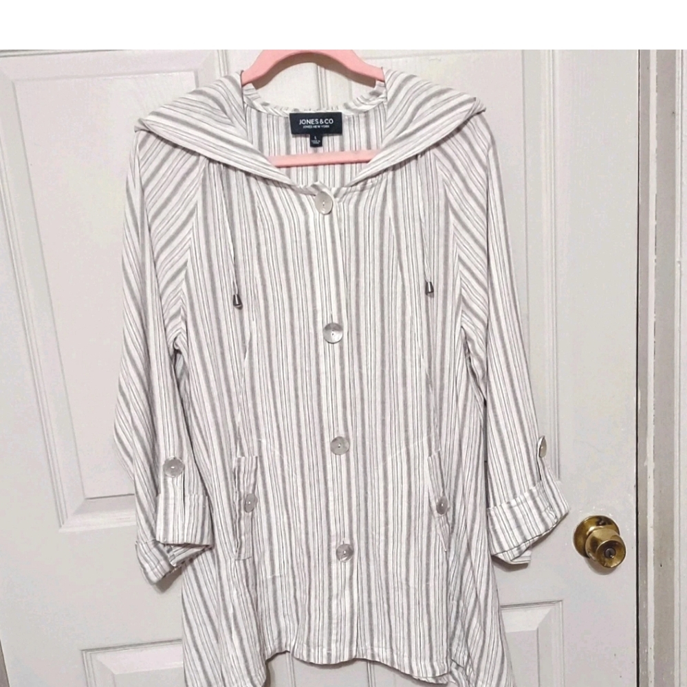 Womens L Classic Neutral Beige Linen Blend Hood Lagenlook Shirt Jacket Tab Cuffs